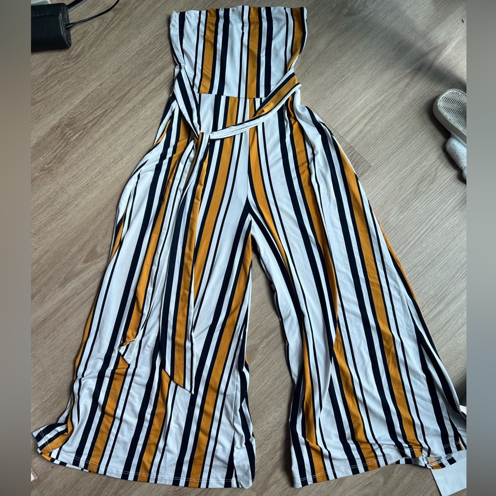 Striped strapless jumpsuit